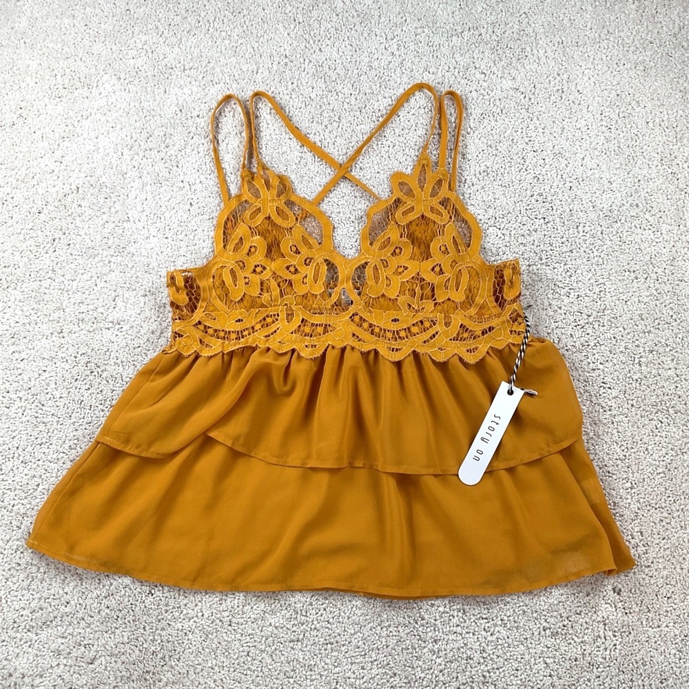 Story On Womens Mustard Yellow Lace Tiered Ruffle Camisole Top Large